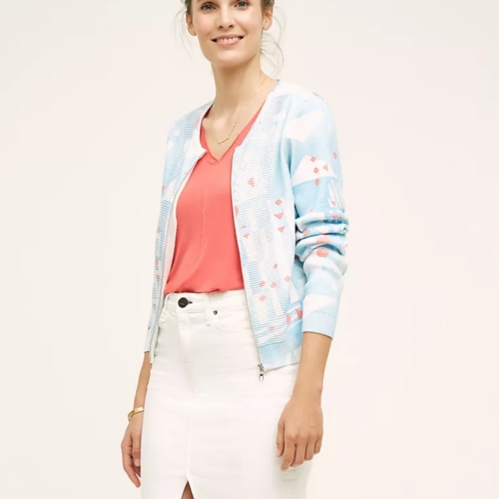 Anthropologie Moth Blue White Array Zip Front Cardigan Medium EUC